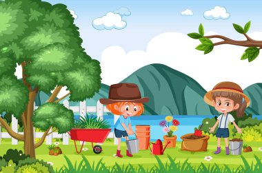 Park illüstrasyonuna çiçek eken çocukların sahne arkası