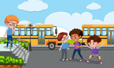 Okul illüstrasyonundaki arkadaşlarına zorbalık eden bir çocuk sahnesi