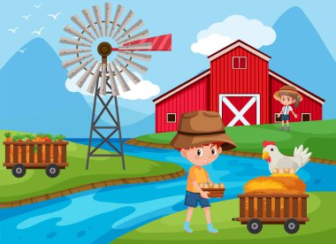 Çiftlik illüstrasyonunda çalışan çocukların olduğu bir çiftlik sahnesi.