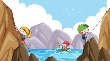 Deniz illüstrasyonunda çocukların tırmandığı ve kanoya bindiği sahne