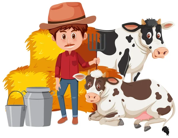 Agriculteur Deux Vaches Sur Fond Blanc Illustration — Image vectorielle