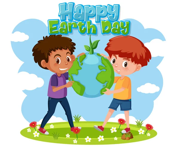 Earth Dzień Plakat Szablon Szczęśliwymi Chłopcami Ilustracji Parku — Wektor stockowy