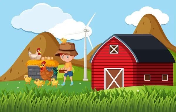 Farm Scene Boy Chickens Farm Illustration — Stock Vector