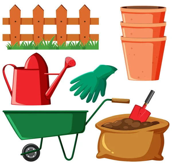 Conjunto Jardinagem Com Equipamentos Ilustração Carrinho —  Vetores de Stock