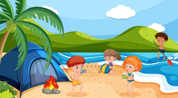 多くの子供たちがビーチイラストで遊んでいるシーン — ストックベクタ