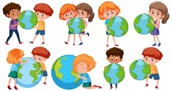 Niños Niñas Felices Sosteniendo Tierra Sobre Fondo Blanco Ilustración — Vector de stock