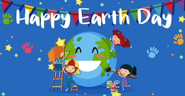 Дизайн плаката для Дня счастливой земли с счастливыми детьми, рисующими земную иллюстрацию
