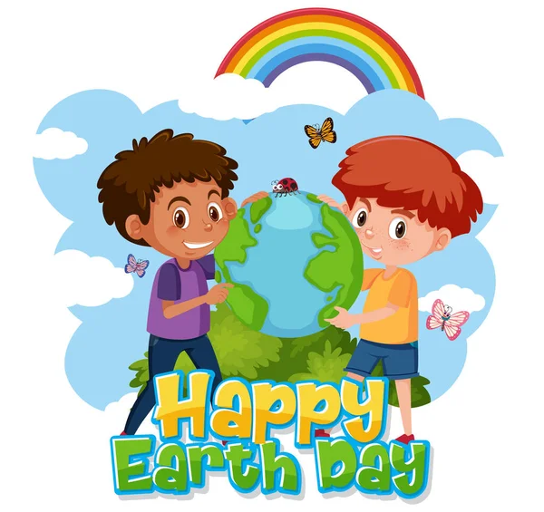 Plakat Projekt Szczęśliwy Dzień Ziemi Dwoma Chłopcami Przytulając Ziemi Ilustracji — Wektor stockowy