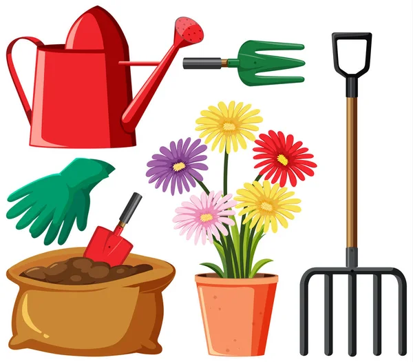 Conjunto Jardinería Con Herramientas Flores Ilustración — Vector de stock