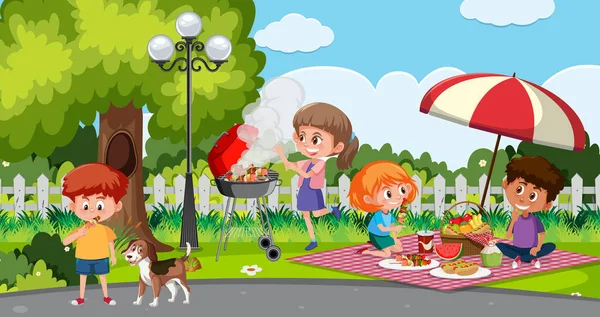 与快乐的孩子在公园吃饭的场景 — 图库矢量图片