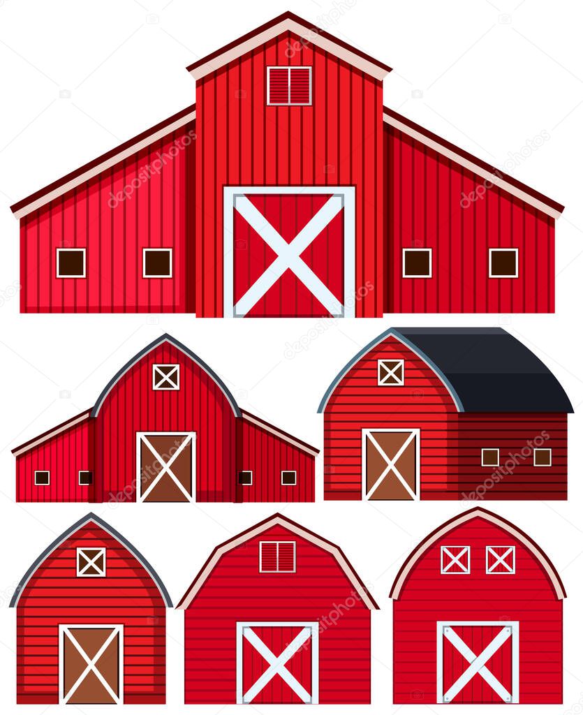 Set of red barns on white background illustration