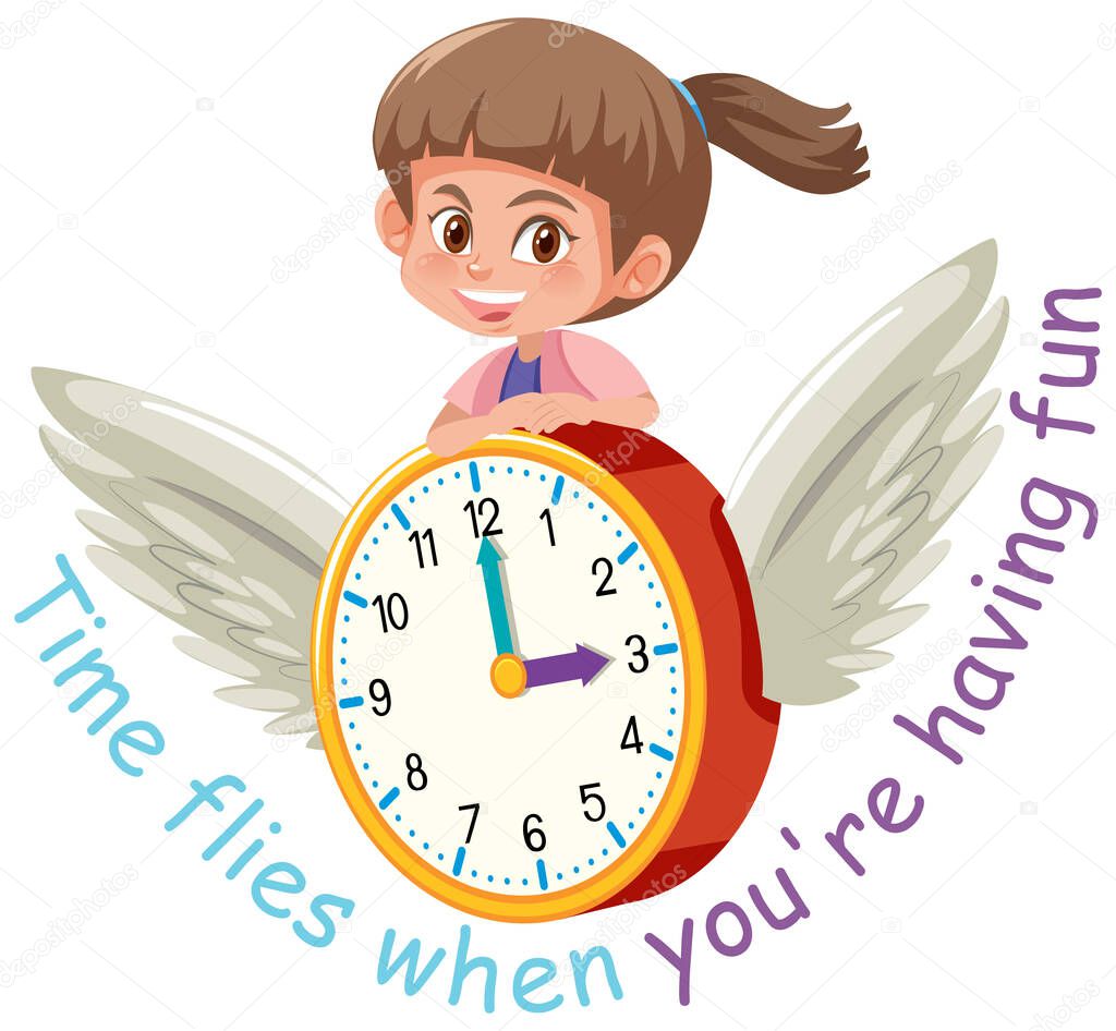 English idiom with picture description for time flies when you are having fun on white background illustration