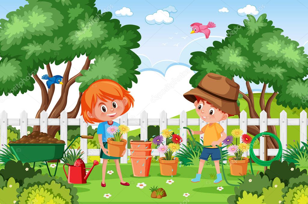 Background scene with kids planting flowers in the park illustration
