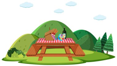 Masanın üzerinde yemek olan piknik sahnesi