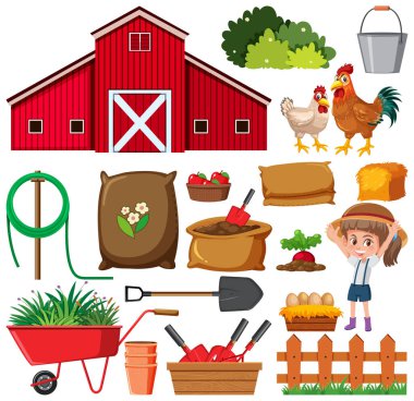 Beyaz arkaplan illüstrasyonunda bahçıvanlık ögeleri kümesi