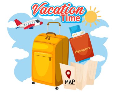 Harita ve bagaj illüstrasyonlu tatil zamanı için yazı tipi tasarımı