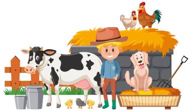 Çiftçi ve beyaz arkaplandaki bir çok çiftlik hayvanı
