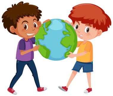 Beyaz arkaplanda dünyayı tutan iki mutlu çocuk.