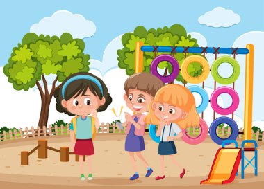 Park illüstrasyonunda arkadaşlarına zorbalık eden bir çocuk sahnesi