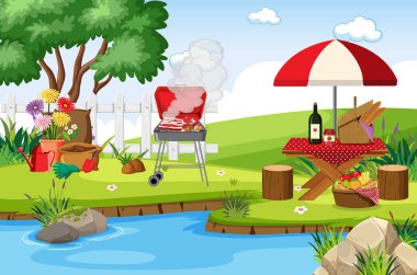 Mangallı sahne ve parkta piknik masasında yemek.