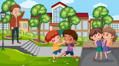 Park illüstrasyonunda arkadaşlarına zorbalık eden bir çocuk sahnesi