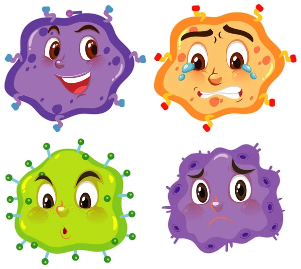 Celdas Virus Sobre Fondo Blanco Con Diferentes Expresiones Ilustración — Archivo Imágenes Vectoriales
