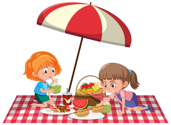 Dwie Dziewczyny Mają Piknik Białym Tle Ilustracji — Wektor stockowy