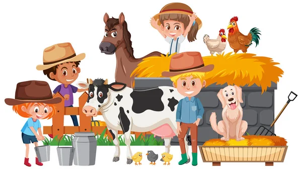 Cena Com Muitas Crianças Animais Fazenda Ilustração Fazenda —  Vetores de Stock