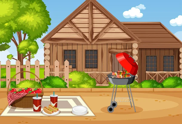 Latar Belakang Adegan Dengan Bbq Dalam Ilustrasi Taman - Stok Vektor