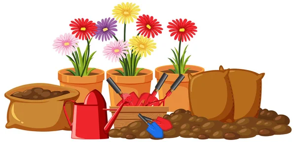 Outils Jardinage Fleurs Colorées Sur Fond Blanc Illustration — Image vectorielle