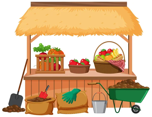 Vendedor Alimentos Con Muchas Frutas Verduras Ilustración — Archivo Imágenes Vectoriales
