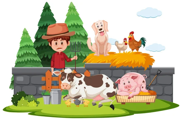 Cena Fazenda Com Agricultor Muitos Animais Ilustração Fazenda —  Vetores de Stock