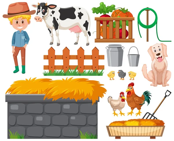 Conjunto Productos Agrícolas Agricultor Sobre Fondo Blanco Ilustración — Vector de stock