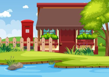 Nehir çiziminin yanında küçük bir evin olduğu arka plan sahnesi