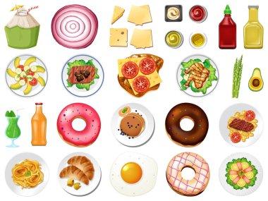 Beyaz arkaplan illüstrasyonunda büyük bir yiyecek ve tatlı seti