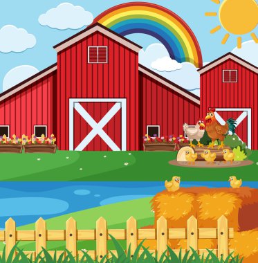 Çiftlik illüstrasyonunda birçok tavuğun olduğu bir çiftlik sahnesi.