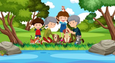 Yeşil Park illüstrasyonunda mutlu bir aile sahnesi