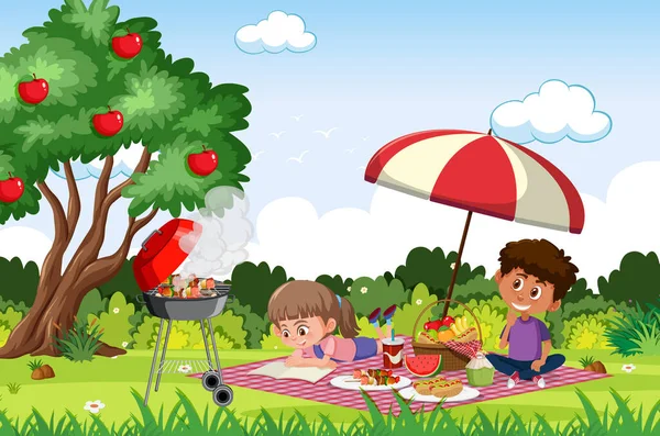 Szene Mit Glücklichen Kindern Park Illustration — Stockvektor