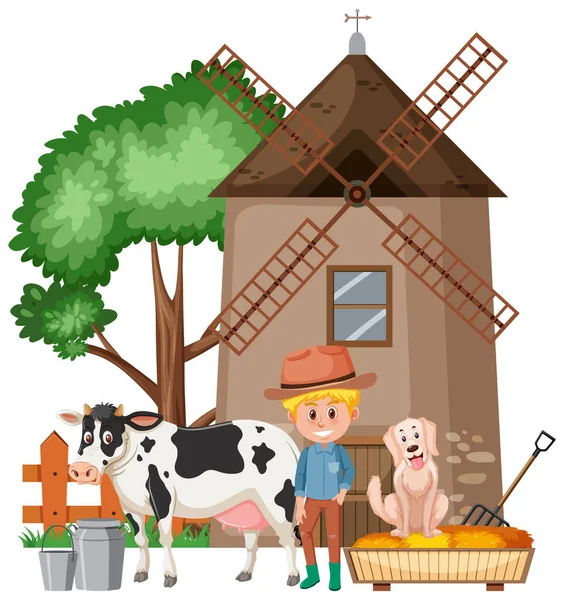 Jelenet Mezőgazdasági Termelőkkel Haszonállatokkal Gazdaság Illusztrációján — Stock Vector