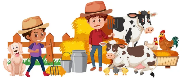 Deux Agriculteurs Des Animaux Ferme Sur Fond Blanc Illustration — Image vectorielle