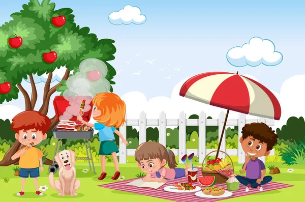公園のイラストで食べる幸せな子供たちとのシーン — ストックベクタ