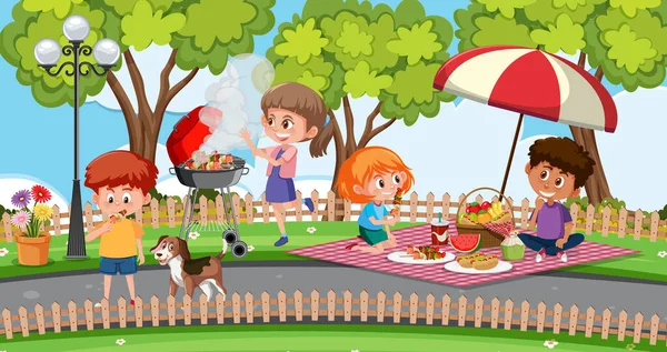 Jelenet Boldog Gyerekekkel Parkban Illusztráció — Stock Vector