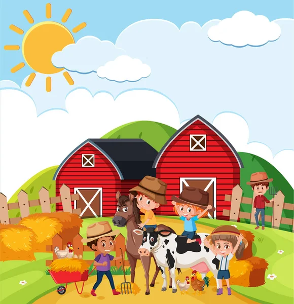 Escena Granja Con Muchos Niños Animales Ilustración Granja — Vector de stock