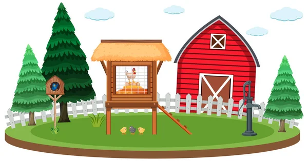 Farm Scene Chicken Coop Barn Illustration — Stock Vector