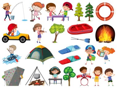 Beyaz arkaplan illüstrasyonunda farklı aktiviteler yapan bir grup insan