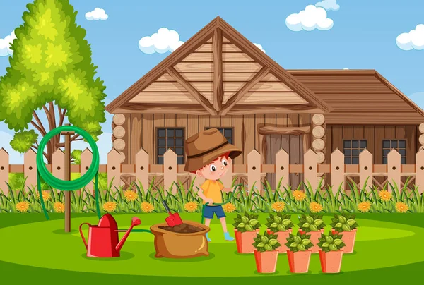 Escena Fondo Con Casa Madera Plantas Riego Niño Ilustración — Vector de stock