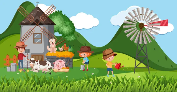 農場のイラストに多くの子供や動物と農場のシーン — ストックベクタ