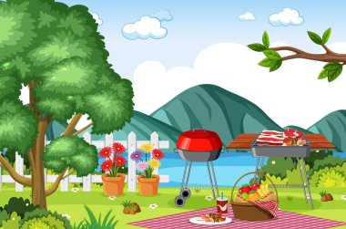 Park illüstrasyonunda BBQ ile arkaplan sahnesi