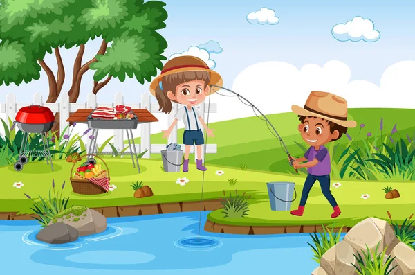 Scena Sfondo Con Bambini Che Pescano Nel Parco Illustrazione — Vettoriale Stock