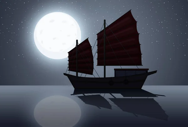 Silhouette Scene Wtih Sailboat Night Time Illustration — Stock Vector